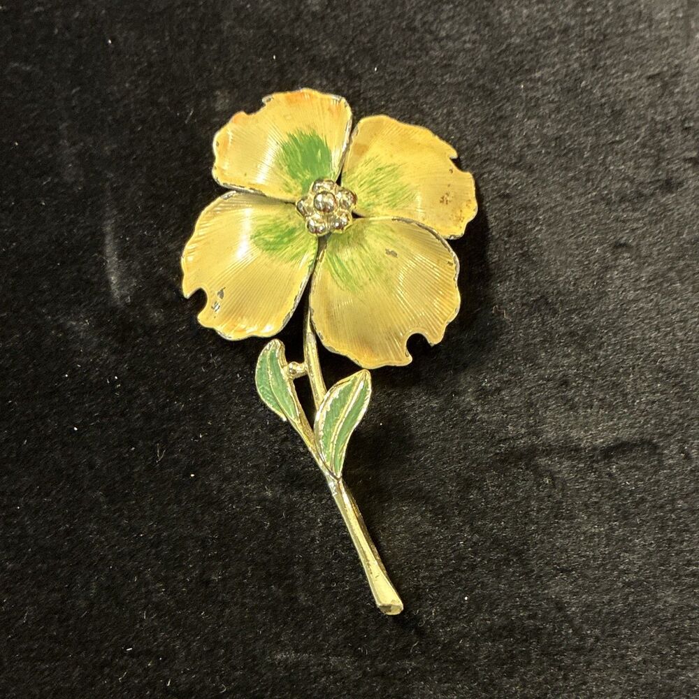 Enamel Brooch Vintage Hand painted Flower Delicate Silver Tone